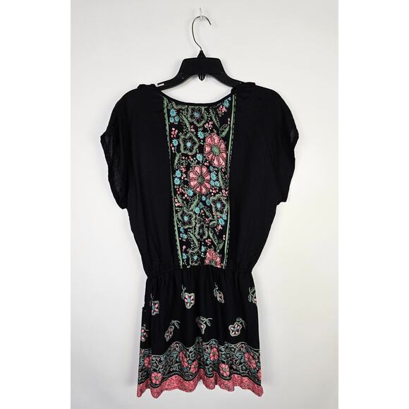 Angie Black Pink Floral BOHO Mini Dress With Pockets Size Large Dolman Sleeve - Picture 3 of 9